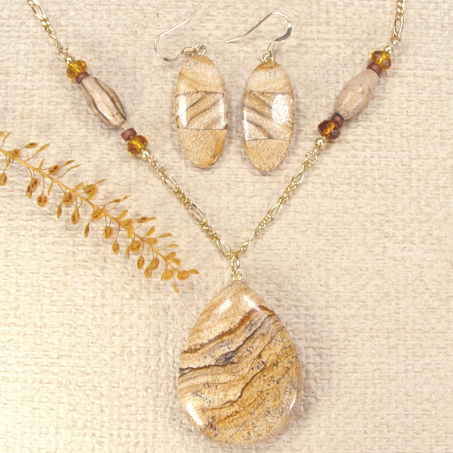 Picture Jasper Necklace and Earrings Matched Set with Accent Beads