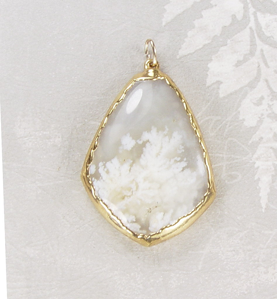 White Plume Agate Pendant with Electroformed 18kt Gold