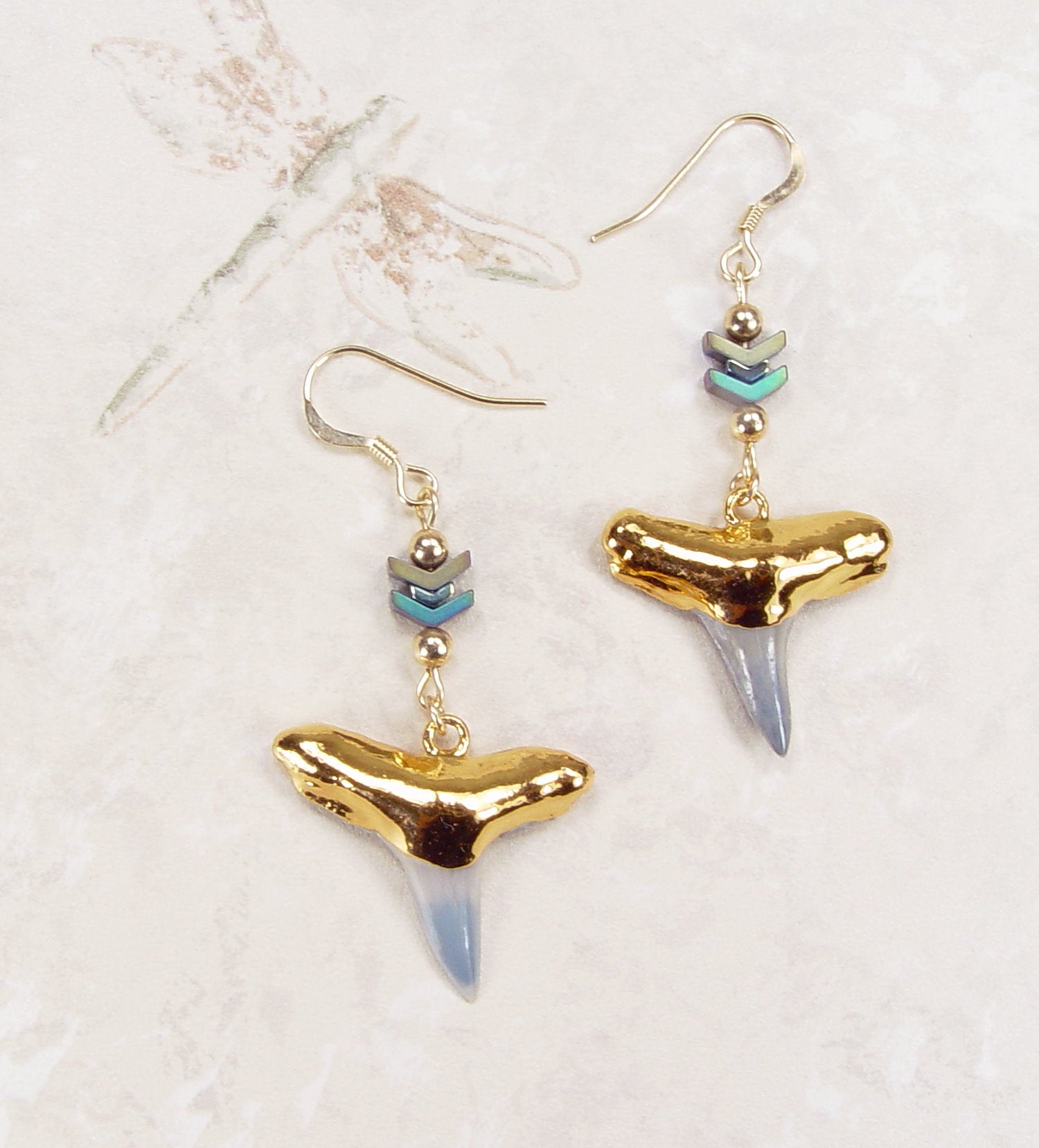 Fossil Lemon Shark Tooth Earrings with Chevron Beaded Connectors & Electroformed 18kt Gold