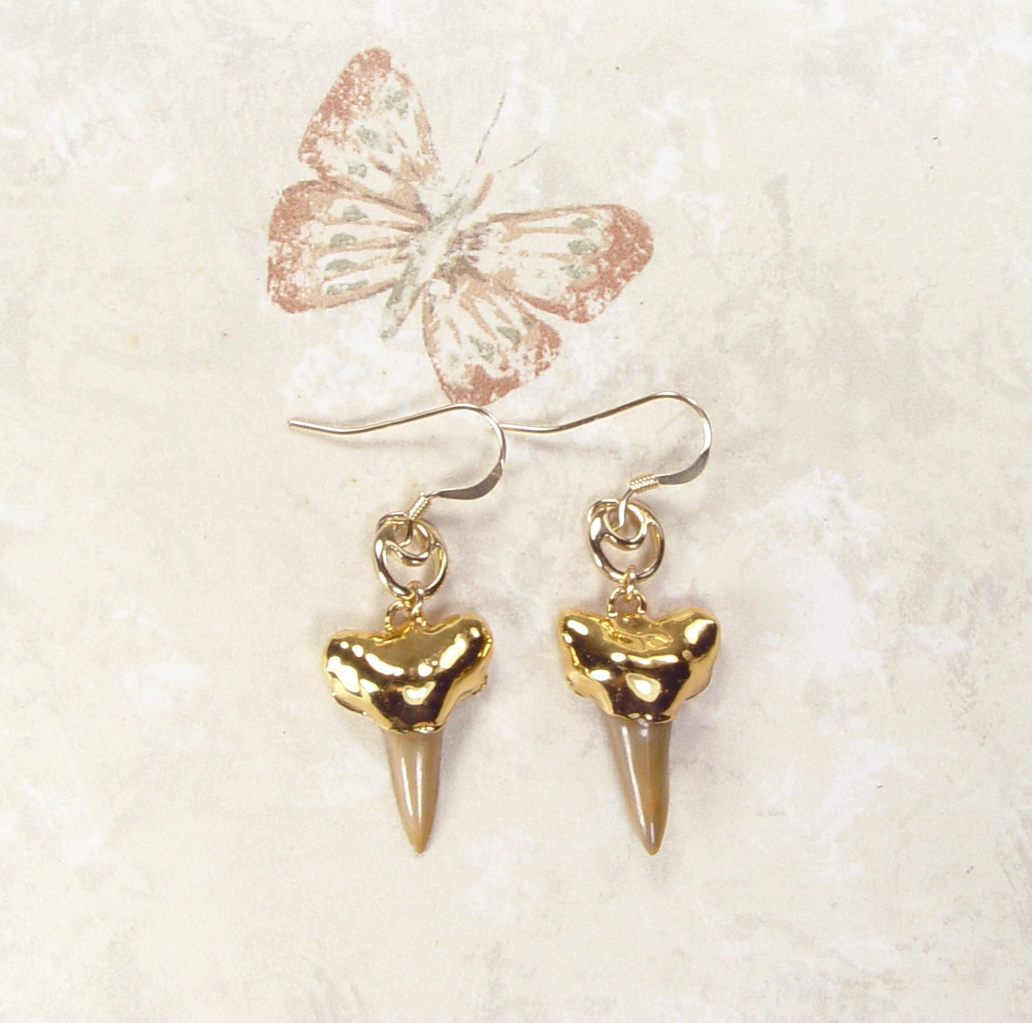 Fossil Lemon Shark Tooth Earrings with Electroformed 18kt Gold