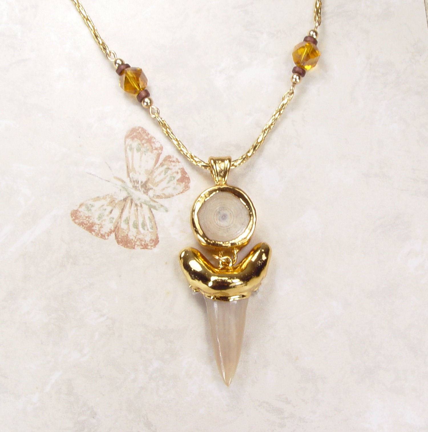 Fossil Shark Tooth Necklace with Vertebra Connector with Beaded Connectors and Electroformed 18kt Gold