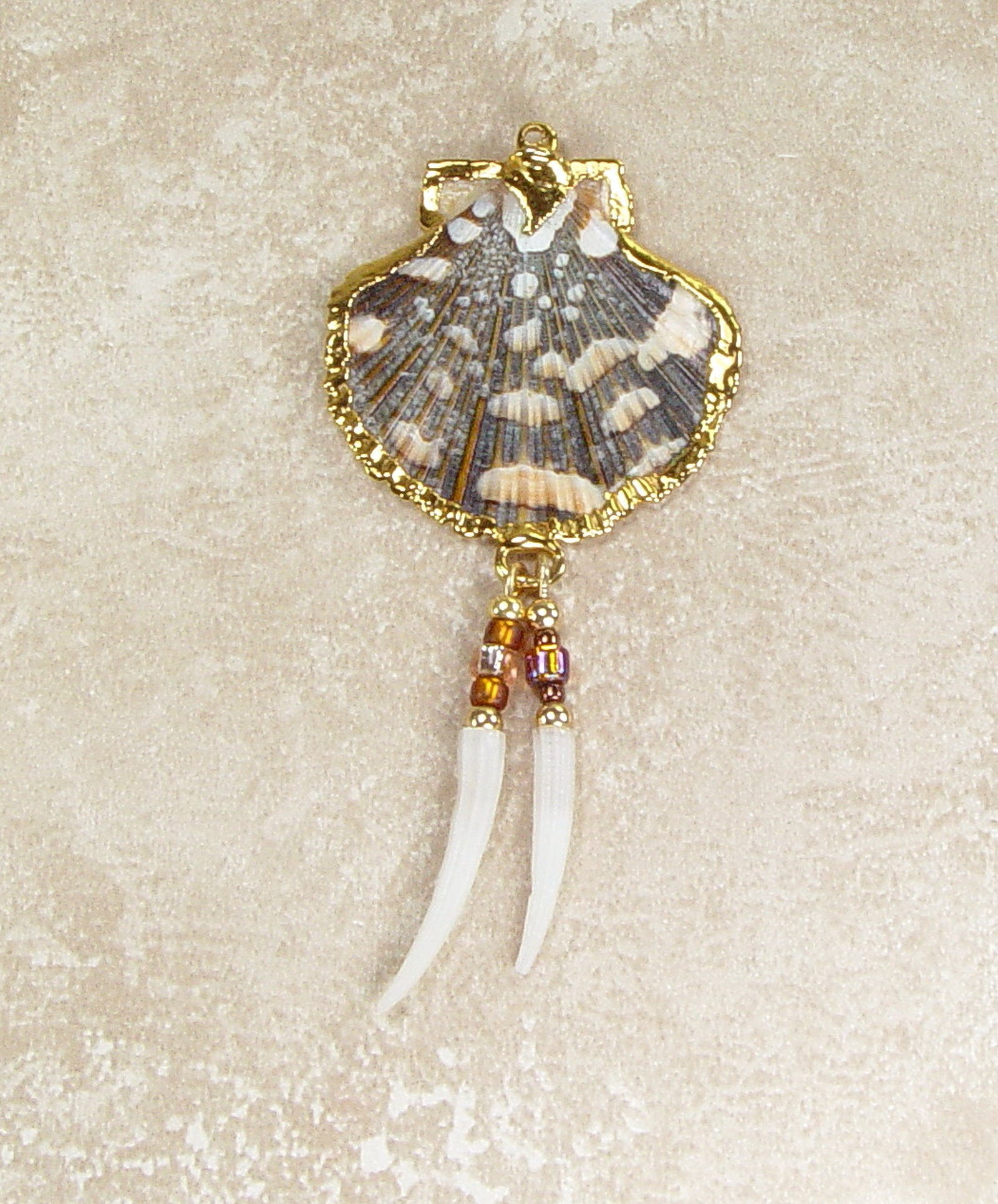 Scallop Shell Pendant with Beaded Tusk Shell Dangles & 18k Electroformed Gold