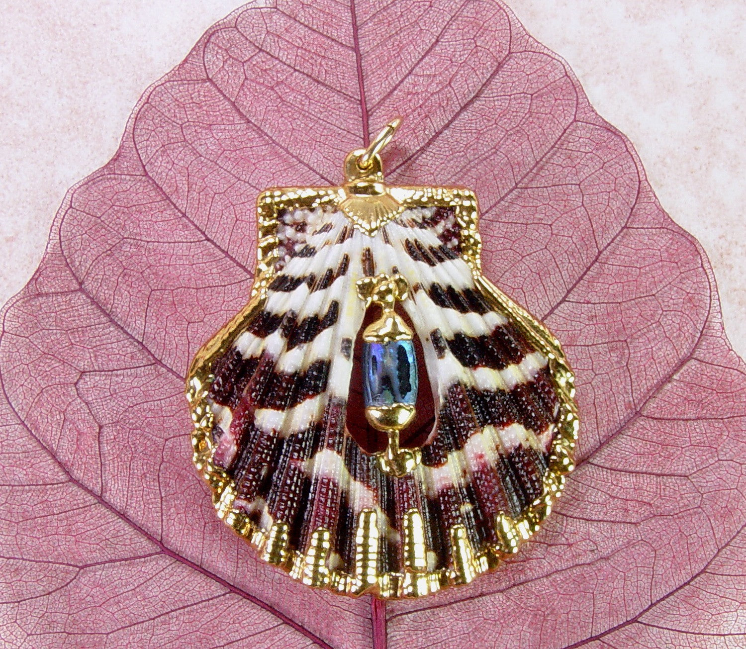 Royal Cloak Scallop Seashell Pendant with Abalone Accent & Electroformed 18kt Gold