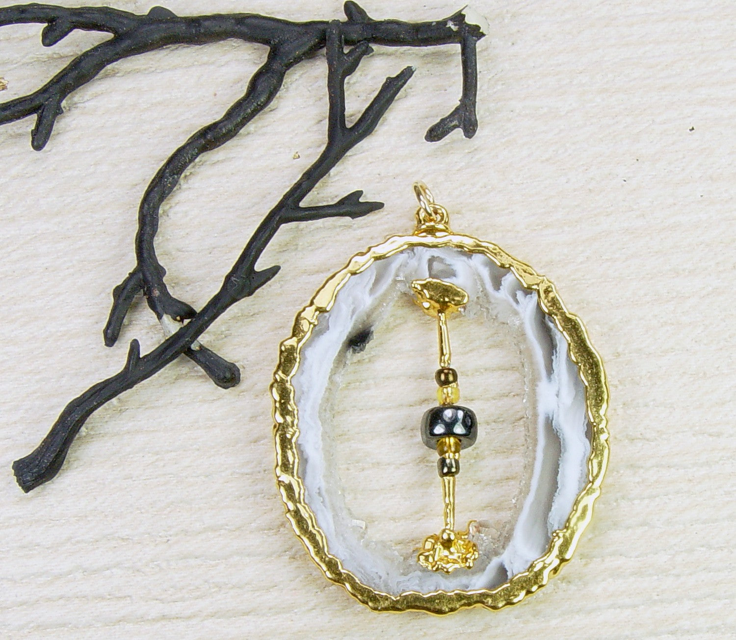 Geode Slice Pendant With Beaded Accent and Electroformed 18kt Gold