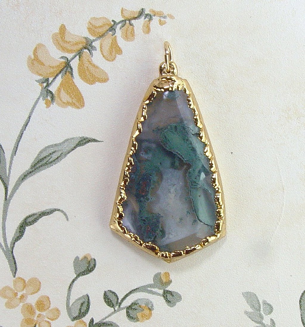 Moss Agate Pendant with Electroformed 18kt Gold