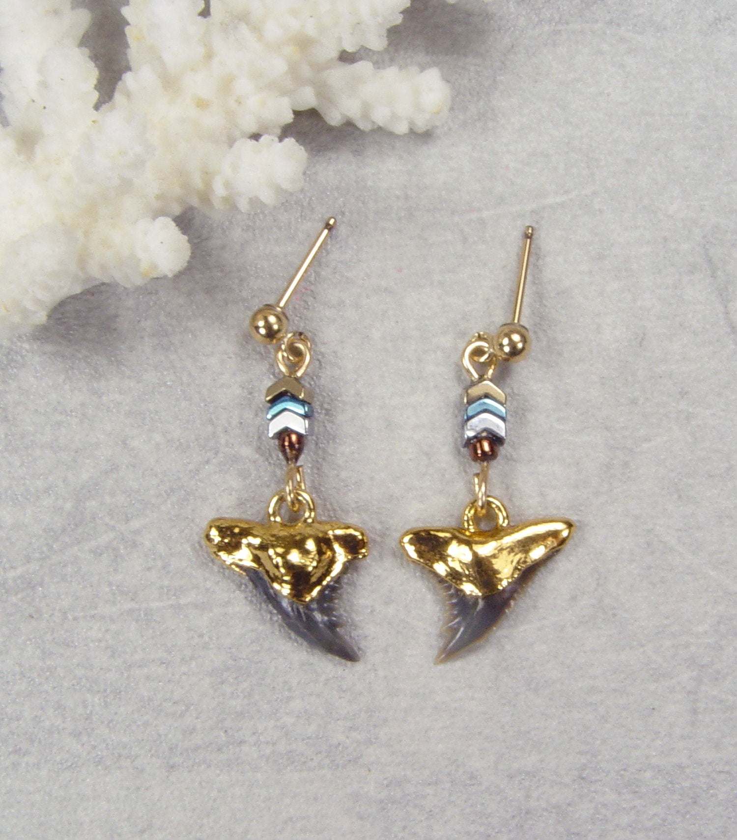 Fossil Hemipristis Shark Tooth Ball Post Stud Earrings with Chevron Beaded Connectors