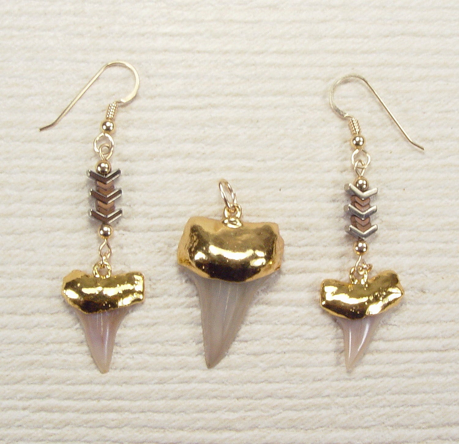 Fossil Mako Shark Tooth Pendant & Earrings Matched Set with Chevron Beaded Connectors