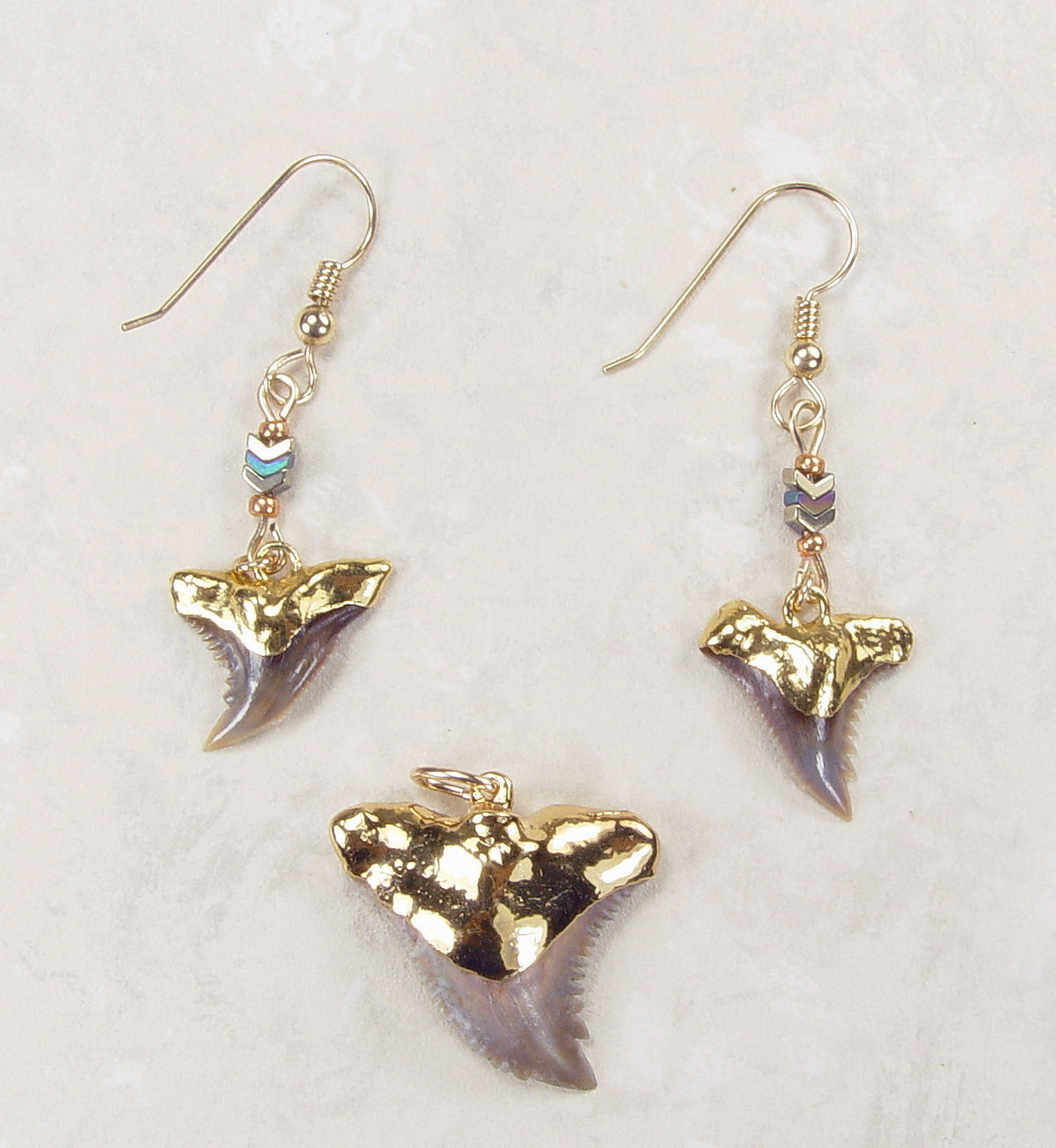 Fossil Shark Tooth Pendant and Earrings Matched Set