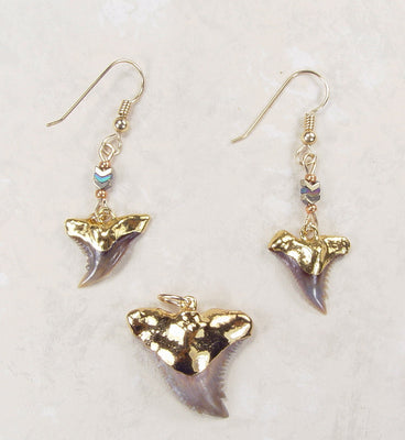 Fossil Shark Tooth Pendant and Earrings Set