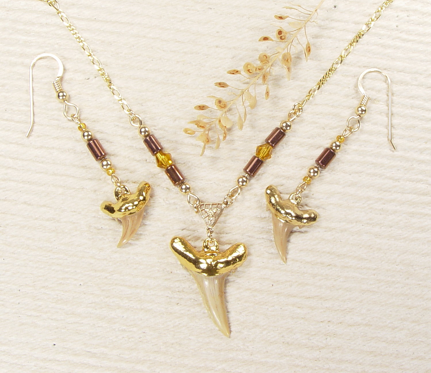Fossil Shark Tooth Necklace and Earrings Matched Set