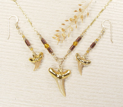 Fossil Shark Tooth Earrings and Necklace Set
