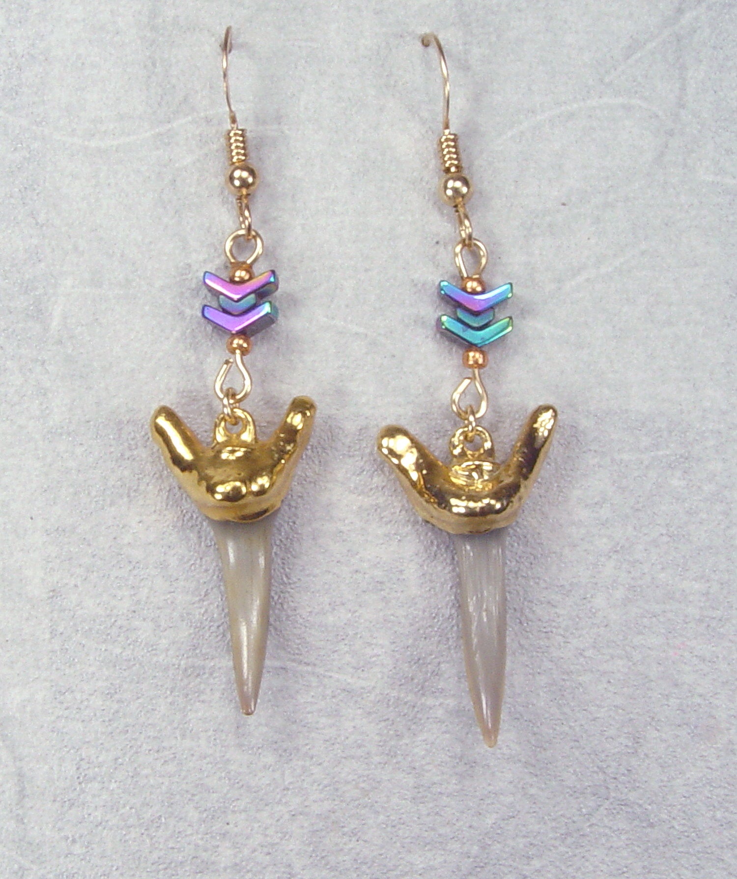 Fossil Sand Shark Tooth Earrings with Chevron Beaded Connectors & Electroformed 18kt Gold